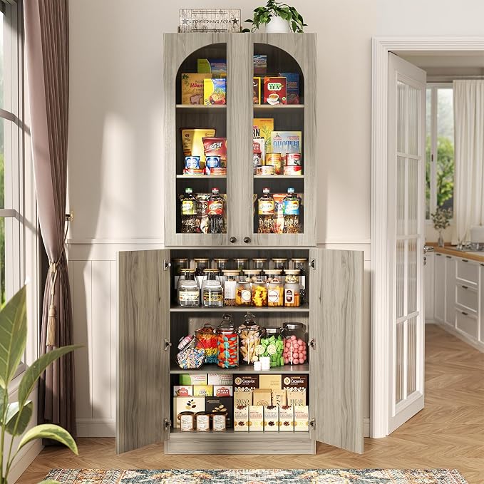 Cyclysio 80" Kitchen Pantry, Tall Arch Storage Cabinet with Tempered Glass & Soft Close Doors, Freestanding Wood Floor Cupboard Bookcase with Seamless Fit Wall for Dining Room, Living Room, Bathroom