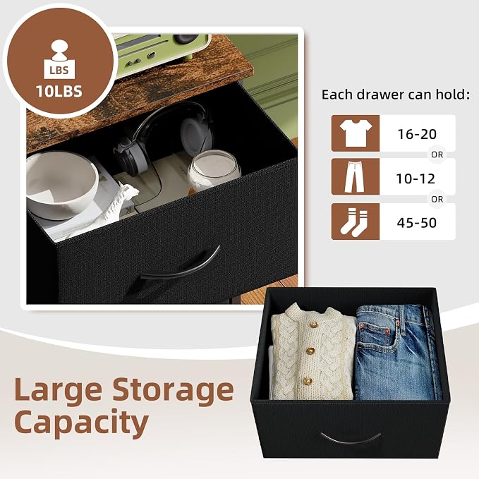 Somdot Dresser for Bedroom with 3 Drawers, Storage Organizer Chest of Drawers with Removable Fabric Bins for Closet Bedside Living Room Laundry Entryway Hallway, Black Rustic Brown