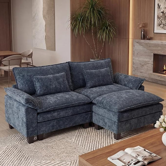 URRED Oversized Modular Sectional Sofa, 87" L Shaped Modern Comfy Cloud Couch with Movable Ottoman & Pillows, Deep Seat Couches for Living Room, Bedroom or Apartment (Chenille Blue, 87" L Shaped)