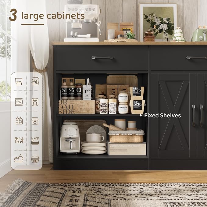 HOSTACK 71" Large Sideboard Buffet Cabinet with Storage, Farmhouse Coffee Bar Cabinet with 3 Drawers, Long Kitchen Buffet Table, Kitchen Sideboard Storage Cabinet for Dining Room, Living Room, Black