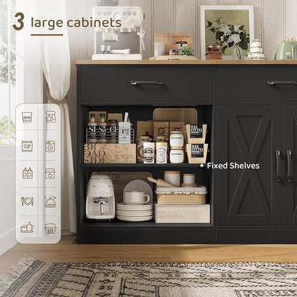 HOSTACK 71" Large Sideboard Buffet Cabinet with Storage, Farmhouse Coffee Bar Cabinet with 3 Drawers, Long Kitchen Buffet Table, Kitchen Sideboard Storage Cabinet for Dining Room, Living Room, Black