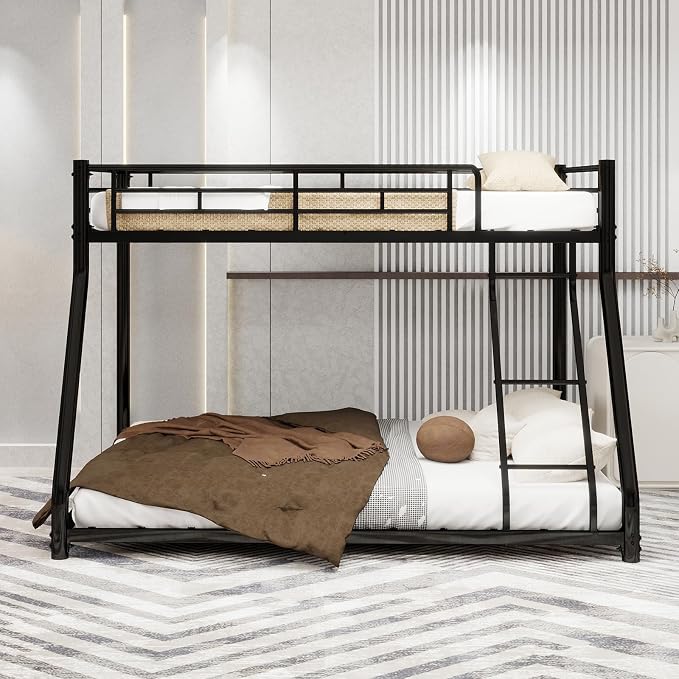 EMKK Twin Over Full Bunk Bed for Adults, Metal Bunk Beds Twin Over Full Size for Teens Dorm Bedroom Guest Room,Heavy Duty Bunk Beds with Ladder and Safety Full Length Guardrail (Black)