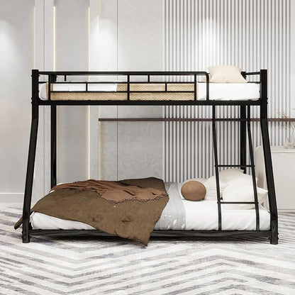 EMKK Twin Over Full Bunk Bed for Adults, Metal Bunk Beds Twin Over Full Size for Teens Dorm Bedroom Guest Room,Heavy Duty Bunk Beds with Ladder and Safety Full Length Guardrail (Black)