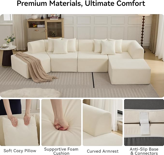 140''Oversized Cloud Velvet Curved Sectional Couch, Boneless Couch with L-Shape Chaise, Upholstered Compression Memory Foam Modular Sectional Sofa for Living Room, No Assembly Required, White
