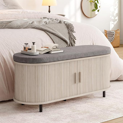 ONBRILL 43" Shoe Bench with Storage, Fluted Shoe Storage Bench with Cushion, Sliding Door and Adjustable Shelf, for Entryway, Hallway, Living Room, Natural White