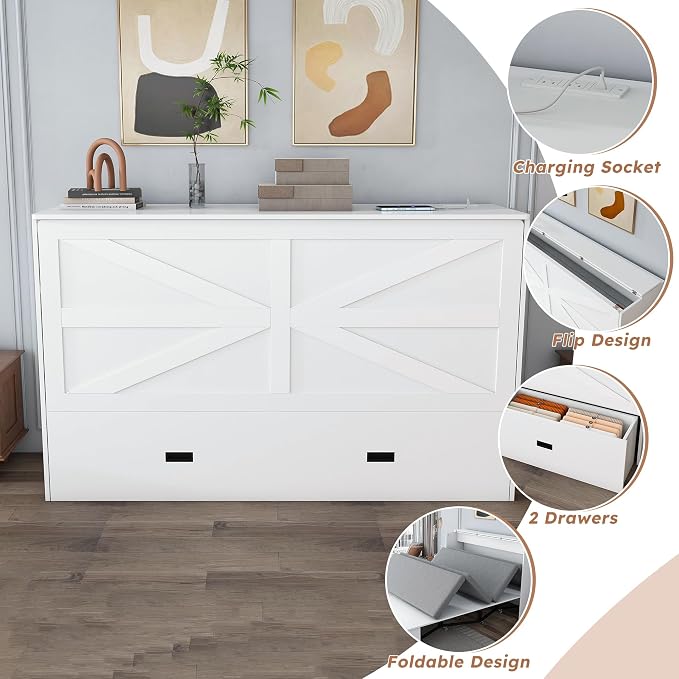 Bellemave Full Murphy Bed with Mattresses and Charging Stations and Storage Drawer, Farmhouse Murphy Cabinet Bed with Foldable Panel, Noisy Free, for Guest Bedroom, Living Room, White