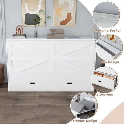 Bellemave Full Murphy Bed with Mattresses and Charging Stations and Storage Drawer, Farmhouse Murphy Cabinet Bed with Foldable Panel, Noisy Free, for Guest Bedroom, Living Room, White