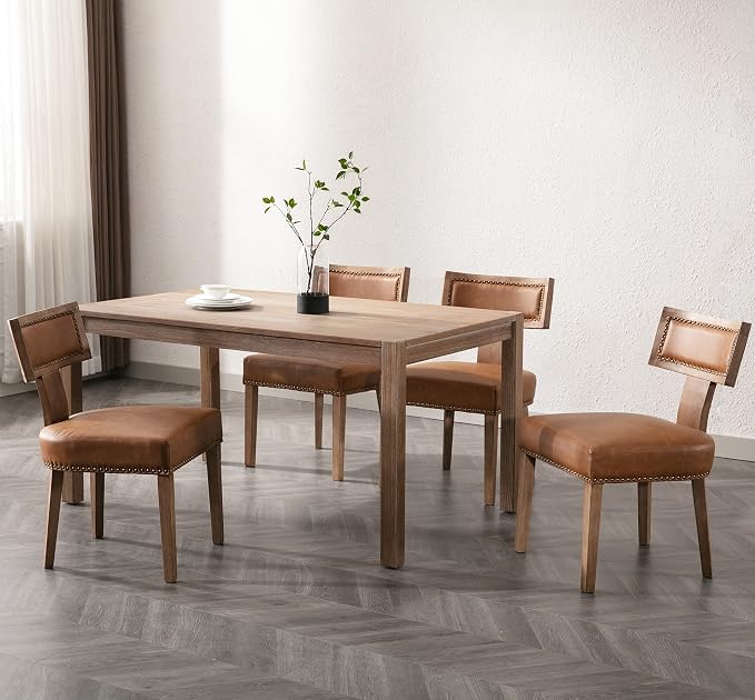 RIVOVA Mid Century Modern Dining Chairs Set of 4, Farmhouse Dining Chairs with Nailhead Trim, Faux Leather Upholstered Dining Room Chairs Kitchen Chairs with Wood Legs, Brown