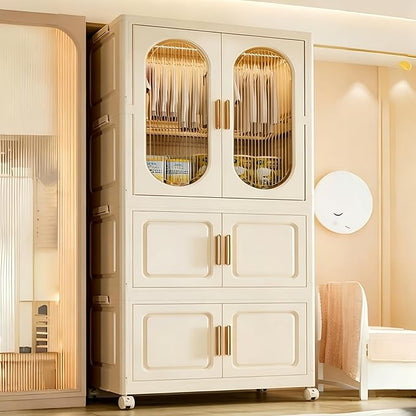 Foldable Storage Cabinet with 2 Storage Bins, 3-Tier Portable Closet Organizer with Doors, Modular Folding Armoire with Wheels for Nursery Room Organization, Clear