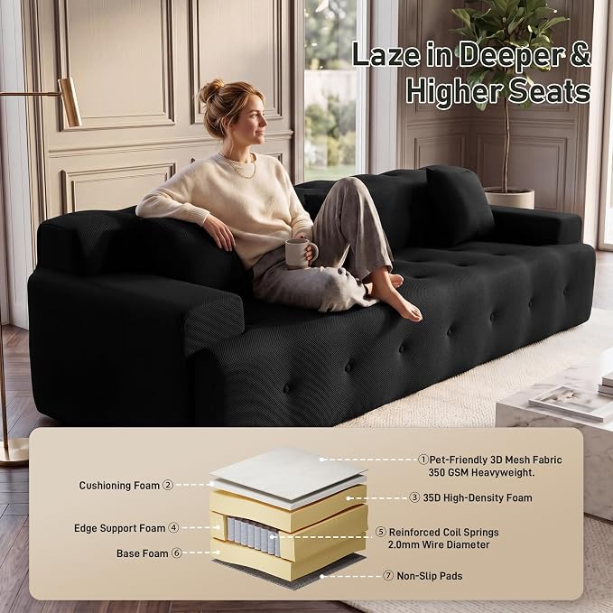OUYESSIR 114" Boneless Couch,Cloud Couch,3D Mesh Fabric Comfy Sofa,3 Seater Modern Curved Sofa for Living Room,Bedroom and Apartment,No Assembly Required,Black