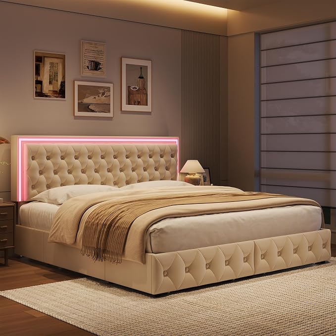 Keyluv Queen Size LED Bed Frame with 4 Storage Drawers and Adjustable Headboard, Velvet Upholstered Button Tufted Modern Platform Bed, Solid Wooden Slats Support, Easy Assembly, Beige