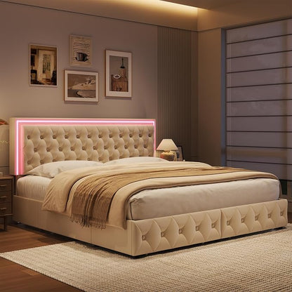 Keyluv Queen Size LED Bed Frame with 4 Storage Drawers and Adjustable Headboard, Velvet Upholstered Button Tufted Modern Platform Bed, Solid Wooden Slats Support, Easy Assembly, Beige