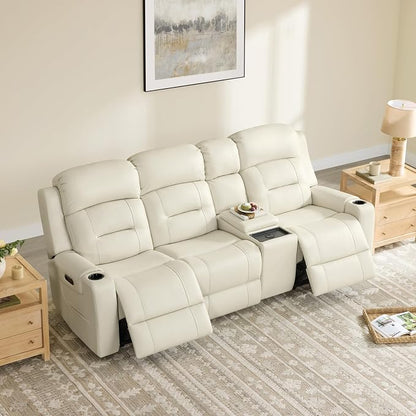 Watson & Whitely Genuine Leather Power Recliner Sofa, Lay Flat Reclining Sofa with Storage Console, Power Headrest & Cup Holders, 3 Seater Electric Reclining Couch for Living Room, Cream