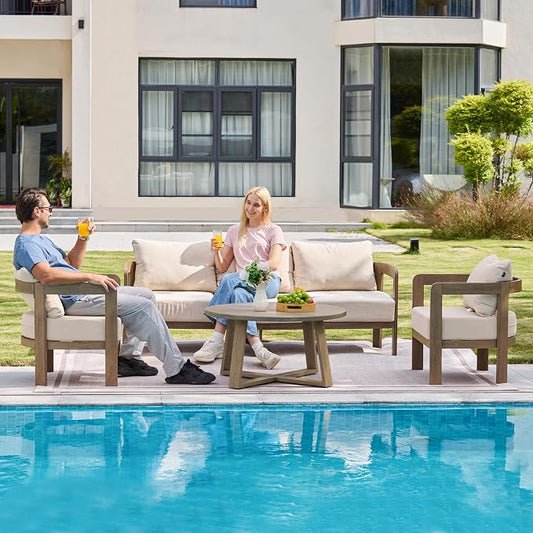 Patio Furniture Set, 4 Pieces Outdoor Furniture Patio Conversation Set with Washable Thick Cushions, Outdoor Couch Patio Sofa Set for Balcony, Porch, Backyard, Beige