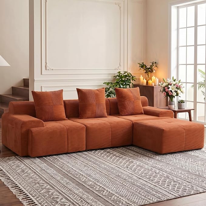 118" Sectional Boneless Oversize Modular Couches, Curved Cloud Sectional Sofa for Living Room, Corduroy L Shape Deep Seat Sofa with Ottoman, No Assembly Required,Terracotta Orange