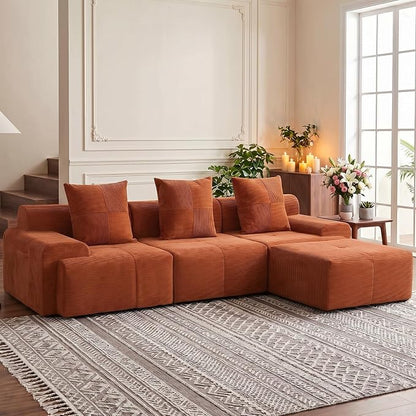 118" Sectional Boneless Oversize Modular Couches, Curved Cloud Sectional Sofa for Living Room, Corduroy L Shape Deep Seat Sofa with Ottoman, No Assembly Required,Terracotta Orange