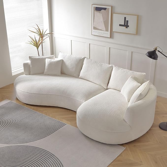 KEIKI 129" Luxury Curved Boucle Sectional Sofa with Right Chaise, Upholstered Modern Style Oversized 5-Seater Couch with Thickened Seat Cushions, Easy Assembly, for Apartment, Living Room, White