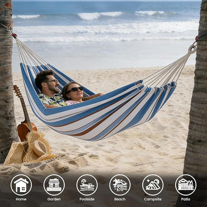 Lazy Daze Hammocks Double Brazilian Cotton Hammock, Extra Large Portable Outdoor Camping Hammock with Tree Straps & Travel Bag for Backyard Patio Poolside Indoor, 550lbs Capacity, Blue & Light Gray