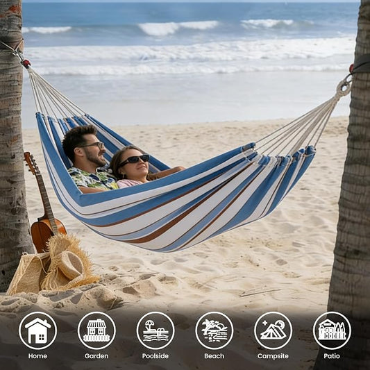 Lazy Daze Hammocks Double Brazilian Cotton Hammock, Extra Large Portable Outdoor Camping Hammock with Tree Straps & Travel Bag for Backyard Patio Poolside Indoor, 550lbs Capacity, Blue & Light Gray