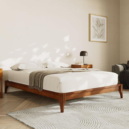Merax Mid-Century Bamboo Platform Bed, Queen Size Bed Frame with Wood Slat Support, No Box Spring Needed, Easy Tool-Free Assembly, Brown