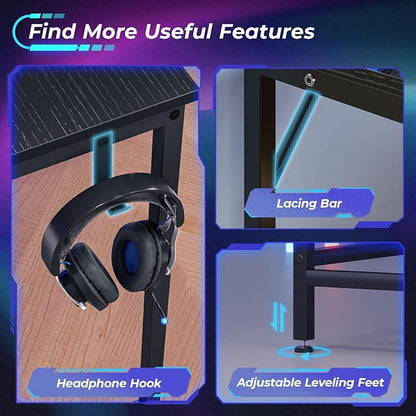 Huuger L Shaped Gaming Desk with Power Outlets & LED Lights, Computer Desk with Monitor Shelves, Home Office Desk, Corner Gaming Desk with Hooks, Black