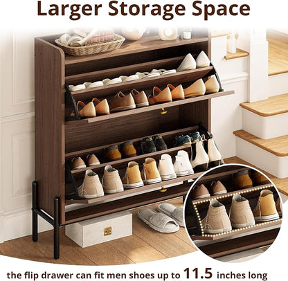 IRONCK Shoe Cabinet Storage with 2 Flip Drawers, Free Standing Wooden Shoe Storage Organizer Cabinet with Rattan Doors for Entryway, Narrow Shoe Rack Cabinet, Walnut
