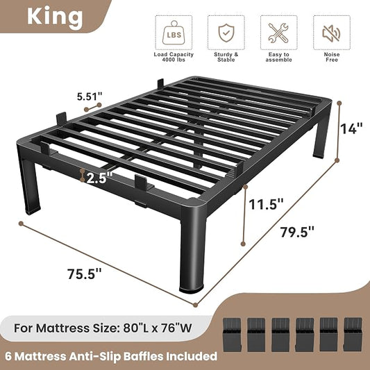 MAF 14 Inch King Metal Platform Bed Frame with Anti-Collision Round Legs, Black 3500 Lbs Heavy Duty Bed Frame Steel Slats Support, No Box Spring Needed, Easy Assembly