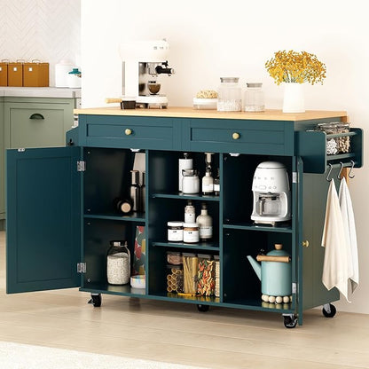 HLR Kitchen Island On Wheels, Dark Green Rolling Kitchen Islands Cart with Drop Leaf Countertop, Barn Door Kitchen Island with Storage Cabinet and Tower Rack, Island Table for Kitchen