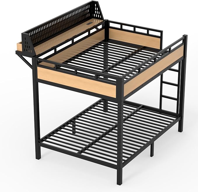 Bellemave Bunk Bed Full Over Full，Metal Bunk beds with Storage Shelves USB Ports and LED Lights, Natural