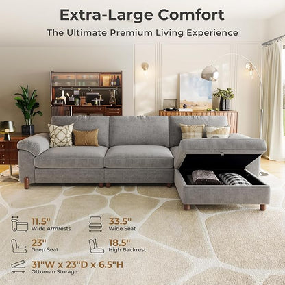 SITJOY Large Cloud Couch, 118" Wide 3 Seater L Shape, Light Gray Chenille | Detachable and Washable Chenille Cover Sectional Sofas for Living Room, Deep Seat Wide Couch with Chaise, Storage Ottoman