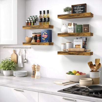 Sorbus Floating Shelves for Wall – 16 Inch Floating Shelf for Kitchen, Bedroom, Living Room, Bathroom, Home & Wall Decor - Mounted Bathroom Shelves with Invisible Brackets (Rustic Brown, 4 Pack)