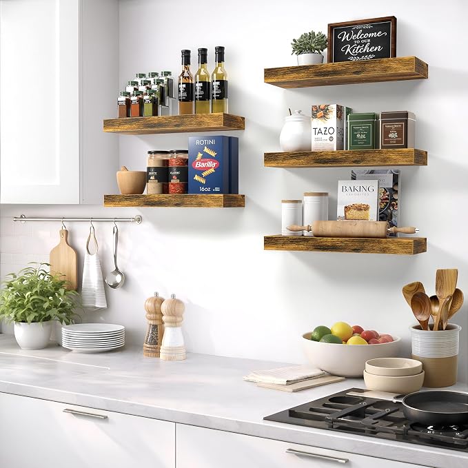 Sorbus Floating Shelves for Wall – 16 Inch Floating Shelf for Kitchen, Bedroom, Living Room, Bathroom, Home & Wall Decor - Mounted Bathroom Shelves with Invisible Brackets (Rustic Brown, 3 Pack)
