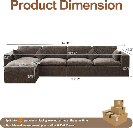 146''Cloud Boneless Sectional Couch, Modular Sectional Sofa Deep Seat with Ottoman, Oversized Upholstered Convertible Comfy 5 Seater Chenille Sofa L Shape Couches for Living Room, Brown