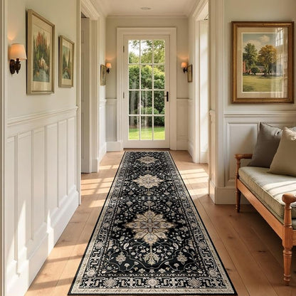 RELEANY Area Rugs Runner 2'x7' Washable Non-Slip, Floral Vintage Distress Medallion Carpet for Kitchen Hallway Bedroom Beside Laundry Room Bathroom, Black Brown Neutral Dark Tan