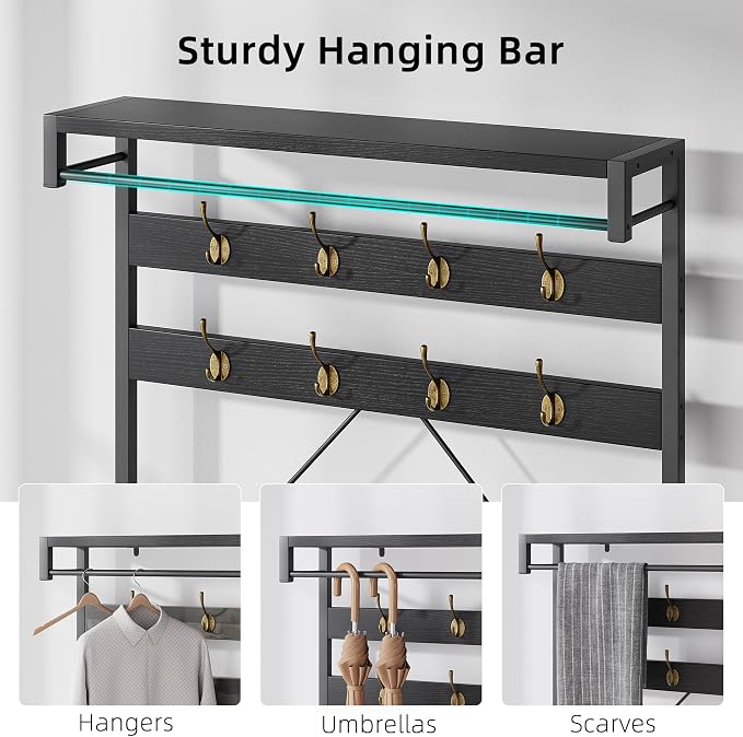 IDEALHOUSE Industrial Hall Tree with Bench and Shoe Storage, 3-in-1 Entryway Mudroom Organizer with 8 Coat Hooks, Heavy Duty Standing Clothes Rack for Hallway, Black