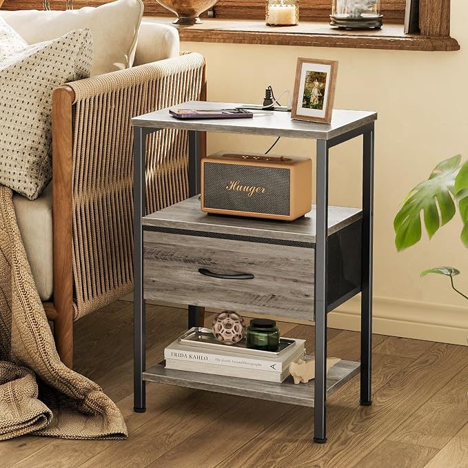 SUPERJARE Nightstand with Charging Station, Bed Side Table with Adjustable Fabric Drawer, Night Stand for Bedroom, 3-Tier Storage End Table, for Living Room, Oak