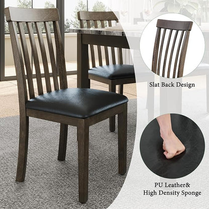 AMERLIFE 7-Piece Dining Table Set, 71" Faux Marble Modern Table with 6 PU Leather Upholstered Chairs, Heavy-Duty Solid Wood Set for Kitchen & Dining Room, Dark Brown