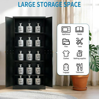61" H Black Metal Kicthen Pantry Storage Cabinet 5-Tier Cupboard | Tall Metal Cabinets for Kitchen, Living Room, Garage, Heavy Duty Freestanding Utility Cabinet, Assembly Require