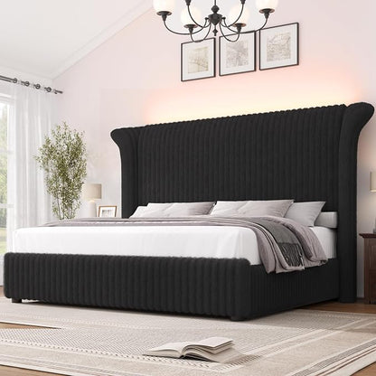 Keyluv King Bed Frame with 54.3” Tall Faux-Fur Wingback Headboard, Upholstered Platform Bed with LED Light, Mattress Foundation with Solid Wooden Slats Support, No Box Spring Needed, Noise-Free, Black