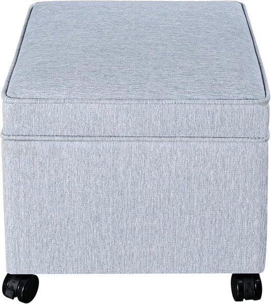 Adeco 17.5 inch Square Storage Ottoman with Wheels & Flip Top Lid, Upholstered Linen Foot Rest Stool, Small Coffee Table for Living Room & Bedroom, Ice Blue