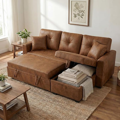 TYBOATLE Convertible Sofa Bed Couch with Reversible Storage Chaise, 71" L Shaped Pull Out Couch Bed, Comfy Linen Fabric Sleeper Sofa for Living Room, Apartment & Guest Room (Brown)