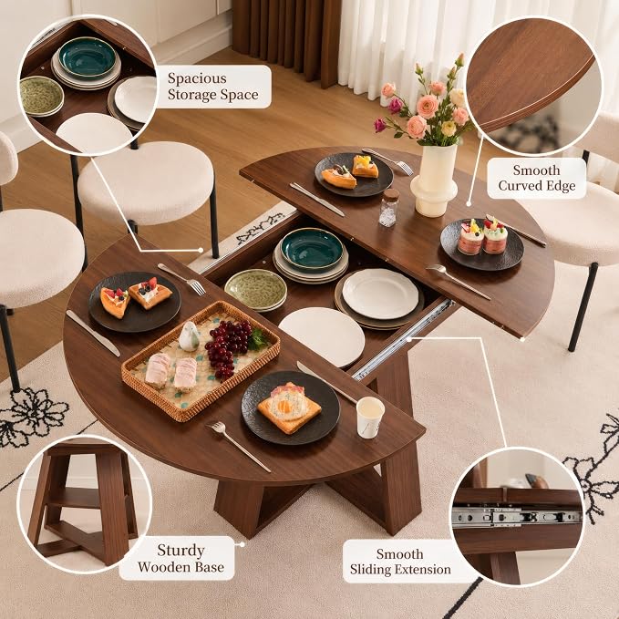 ClinQ 43-59in Extendable Round Dining Table for 4-6, Round to Oval Dining Room Table with Removable Leaves, Space Saving Dinner Table with Storage Shelf, Walnut
