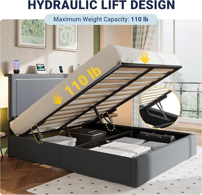 Allewie Queen Size Lift Up Storage Bed Frame with Charging Station & LED Lights, Adjustable Velvet Upholstered Storage Headboard, Type-C & USB Ports, Hydraulic Support, No Box Spring Needed, Grey