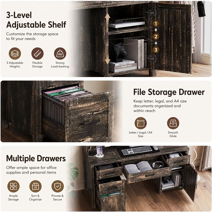 LUMISOL Farmhouse Executive Desk with Hutch and Charging Station, Computer Desk with 2 Sliding Barn Doors, 5 Drawers and Storage Cabinet with 3-Position Adjustable Shelf, Rustic Grey