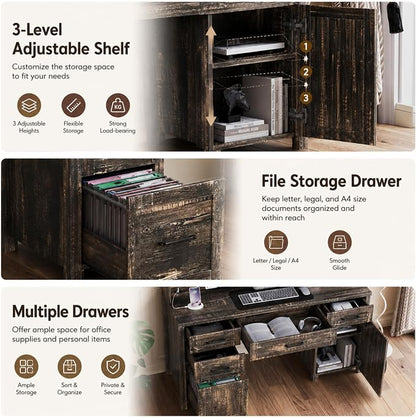 LUMISOL Farmhouse Executive Desk with Hutch and Charging Station, Computer Desk with 2 Sliding Barn Doors, 5 Drawers and Storage Cabinet with 3-Position Adjustable Shelf, Rustic Grey
