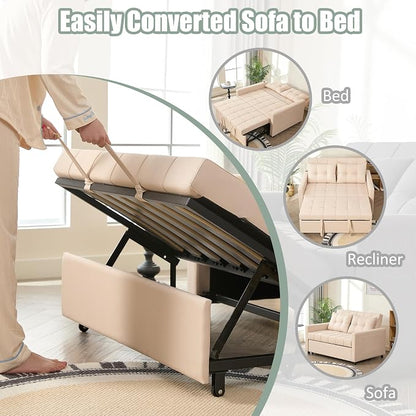 GOSUHI 52" Sleeper Sofa with Pull-Out Bed, 3-in-1 Convertible Sofa Bed, Set of Loveseat with Stepless Adjustable Backrest and Side Pocket, for Living Room Dorm Apartment, Linen, Beige