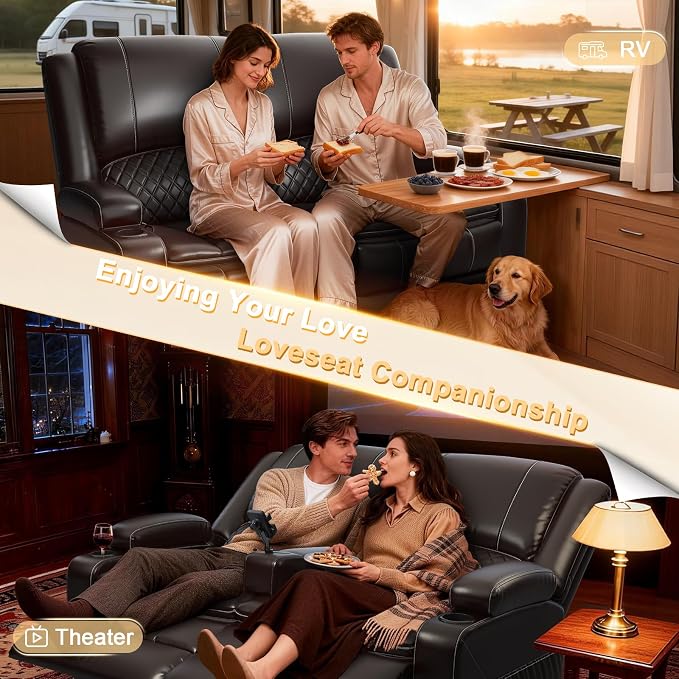 RV Loveseat Recliner Wall Hugger, Manual RV Reclining Loveseat with Removable Armrest, 3X Adjustable Theater Wall Hugger Loveseat Recliners with USB Ports, Cup Holders, Multi-Storage (PU,Brown)