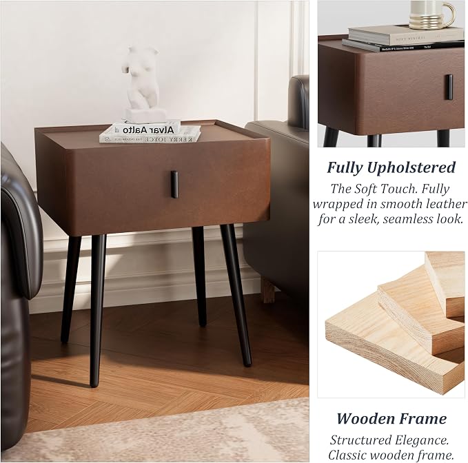 Nightstand Set of 2 with Single Drawer,Leather Side Table,Modern Bedside Table with Metal Legs for Bedroom,Small Accent End Table,Brown