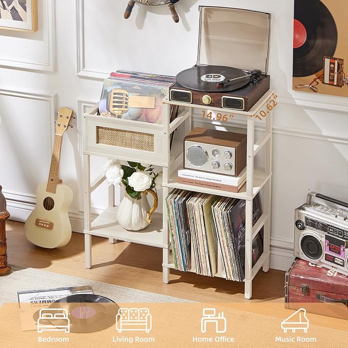 LELELINKY Record Player Stand, White Cream Oak Wood Record Holder with Vinyl Storage Holds up to 300+ Albums, 3-Tier Rattan Media Table with Vinyl Display Shelf, Record Storage Cabinet for Living Room