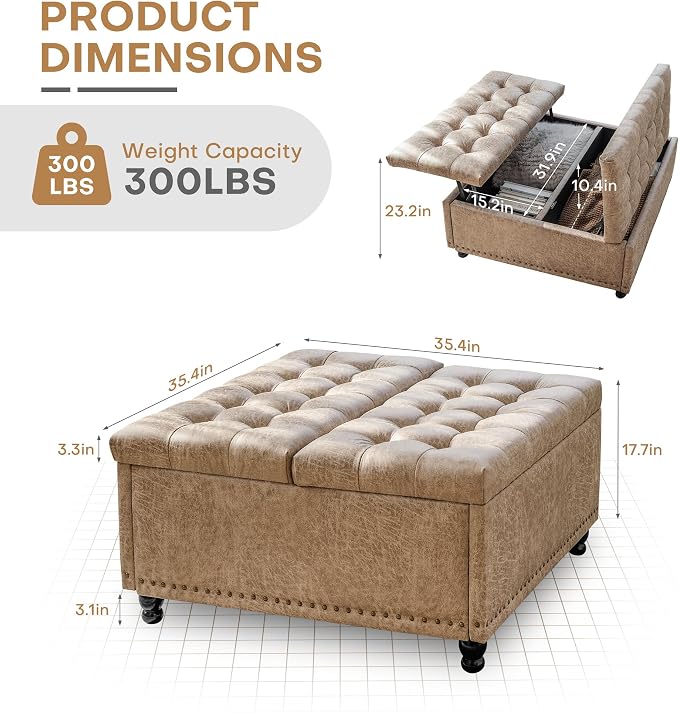 Redlife 35 Inch Large Square Storage Ottoman, Storage Ottoman Coffee Table with Lift Top Faux Leather Ottomans Bench Square Footrest Oversized Upholstered Coffee Table for Living Room (Champagne)